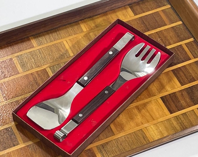 Vintage Wood Handled Salad Serving Set by Burnco, Japan, circa 1960s
