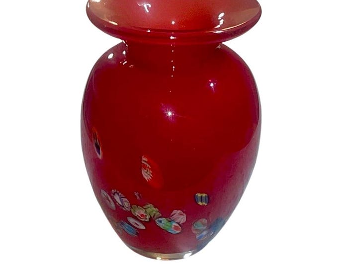 Vintage Hand-Blown Red Millefiori Vase | Italian Art Glass | Heavy & Elegant 6.75" Decorative Vase