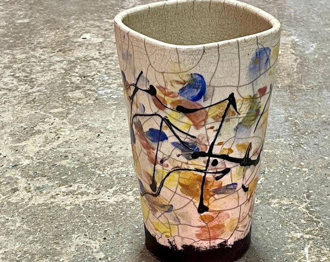 Mid-Century Raku Pottery Vase - Crackle Glaze - Abstract Figural Design - Signed - Artisan Crafted
