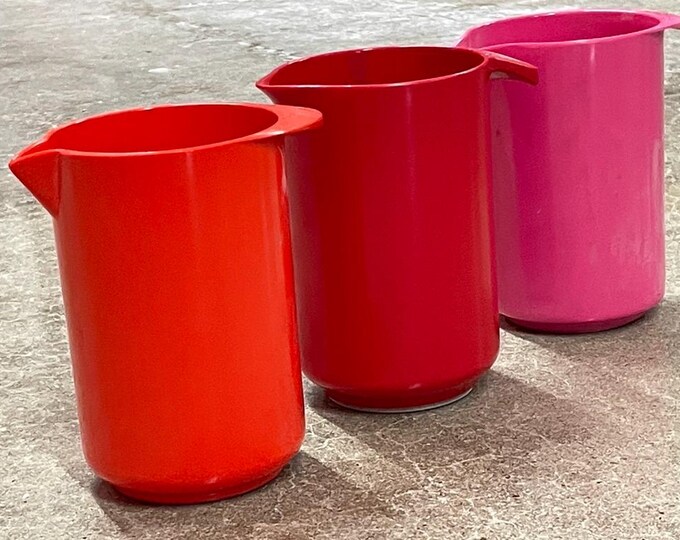 Set of 3 Vintage Melamine Pitchers - Rosti, Copco, Colorful Kitchen - Red, Fuchsia, Orange-Red