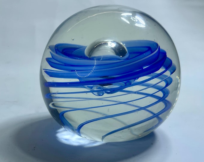 Vintage Dynasty Collection Art Glass Paperweight | Cobalt Blue Ribbon | Controlled Bubbles | 3"