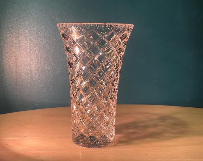 Vintage Brilliant Heavy Cut Crystal Vase – 11" Tall Diamond Crosshatch Pattern