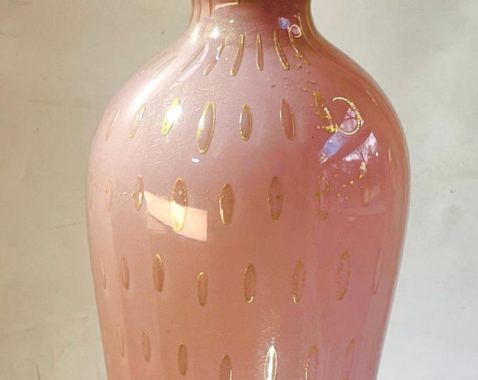 Mid-Century Murano Glass Table Lamp, Pink with Gold Aventurine and Foliate Detail, Italy