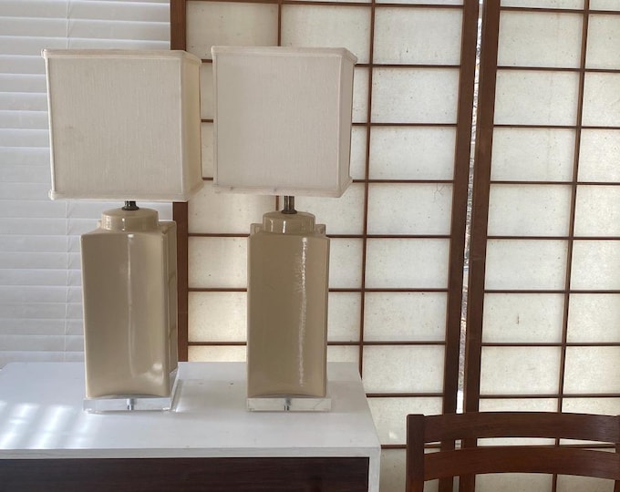 Stunning Pair of Architectural Table Lamps in Taupe, circa 1980s