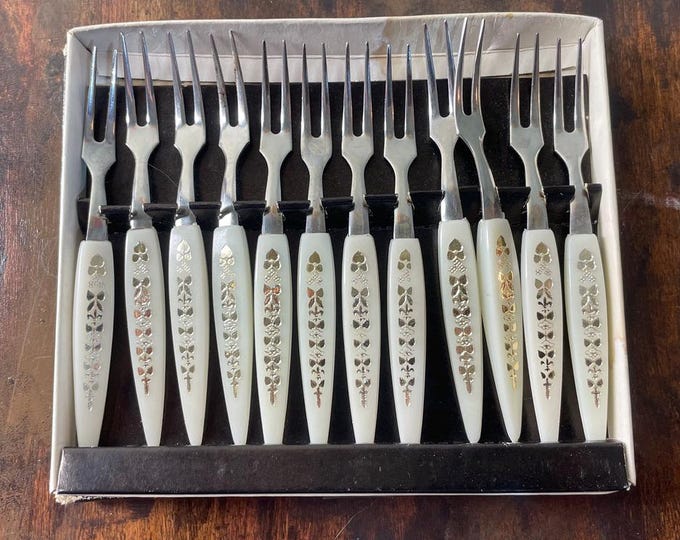Set of 12 Mid Century Modern Appetizer Forks - White & Gold Handles - Stainless Steel - Made in Japan - Original Box