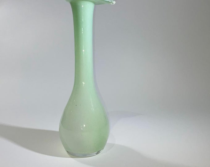 Vintage Hand-Blown Light Green Glass Vase - Delicate Leaf Rim - Whimsical Elegance - 12.25"