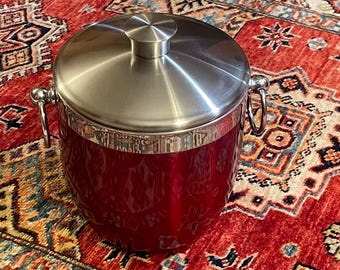 Limited Edition Oggi Ruby Red Ice Bucket | Double Wall Stainless Steel with Drain | Modern Barware | Dual Handle Design