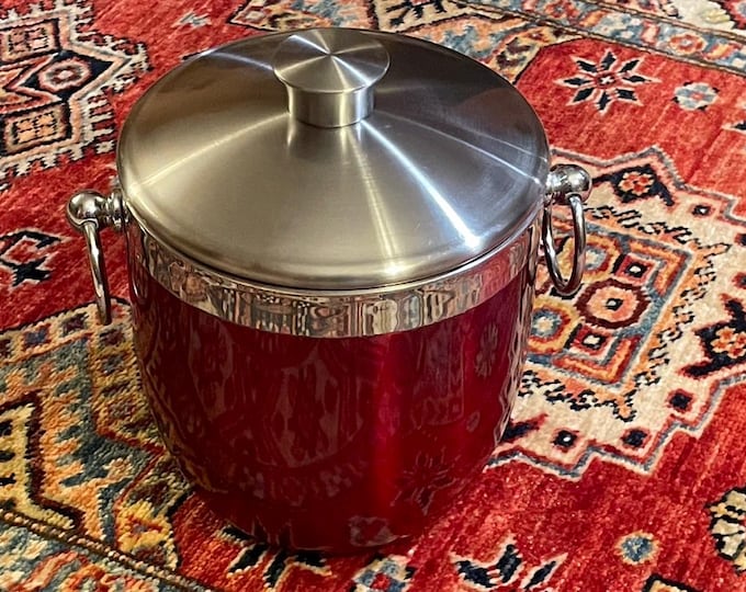 Limited Edition Oggi Ruby Red Ice Bucket | Double Wall Stainless Steel with Drain | Modern Barware | Dual Handle Design