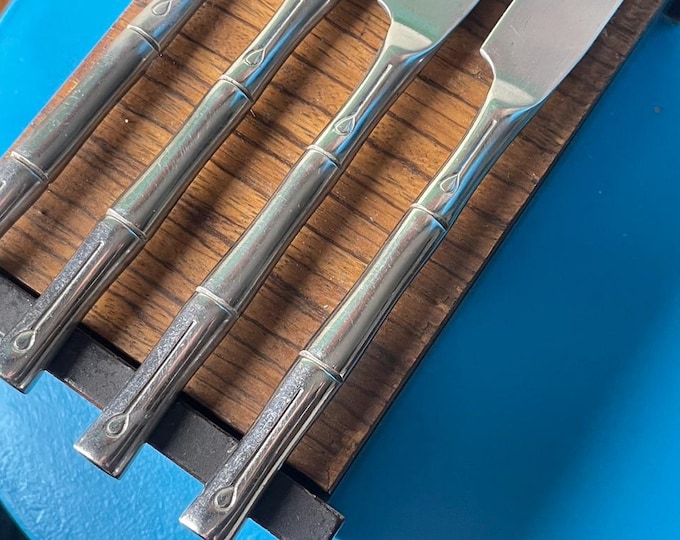 Vintage Hollywood Regency Style Stainless Steel Bamboo Dinner Knives - Set of 4