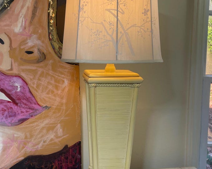 Vintage Chinoiserie Table Lamp - Pagoda Form - Rattan and Wood - Buttercream Finish - 19"