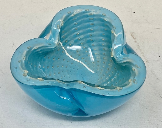 Vintage Murano Glass Ashtray | Attributed to Alfredo Barbini | Turquoise, Blue, Gold | Mid-Century Modern