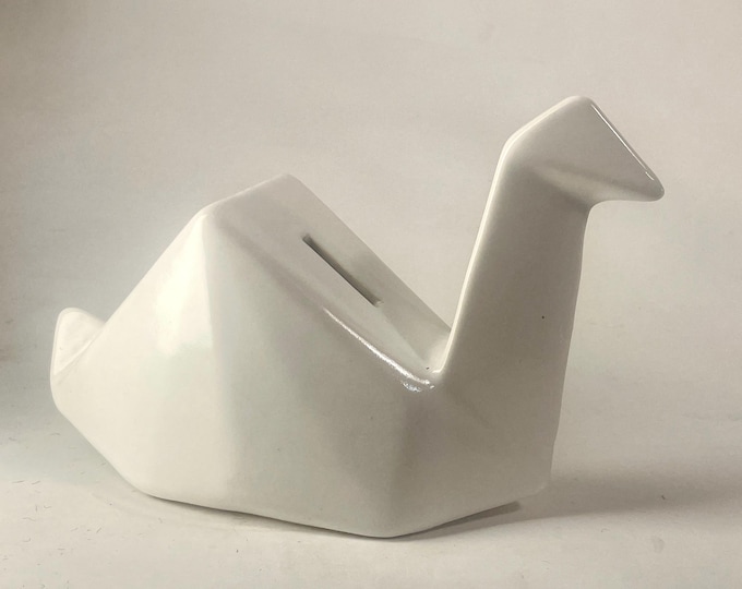 Elegant West Elm Ceramic Origami Swan Piggy Bank | Modern Geometric Money Box | Architectural Home Decor | White Ceramic