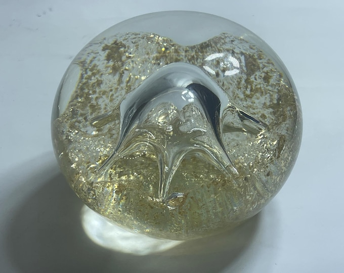 Vintage MCM Large Murano Glass Paperweight, Gold Avventurina with Gold Leaf, Italy circa 1950s