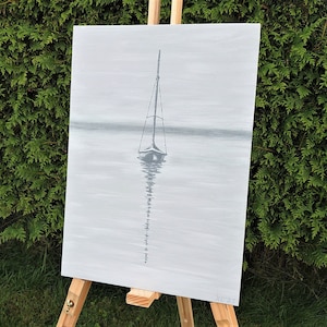 Boat Painting, Hand Painted Seaside Artwork, Nautical Minimalistic Wall Art, Acrylic Art on Canvas Board, 16.5x11.6 inches