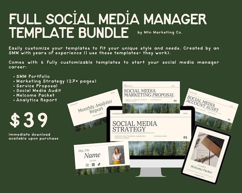 K&ouml;nnte beinhalten: Ein digitales Marketing-Vorlagenpaket f&uuml;r Social-Media-Manager. Das Paket enth&auml;lt sechs Vorlagen: SMM-Portfolio, Marketingstrategie, Servicevorschlag, Social-Media-Audit, Willkommenspaket und Analysebericht. Der Preis betr&auml;gt 39&nbsp;&euro;.
