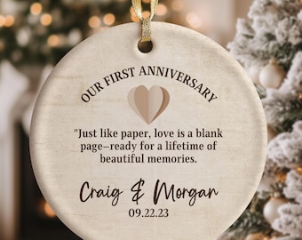 Personalized First Anniversary Christmas Ornament, Paper Wedding Gift