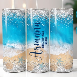 Personalized Beach Tumbler | Travel Mug for Girls Trip, Vacation, Cruise, Summer, Bachelorette, Destination Wedding, Custom Beach Theme Cups