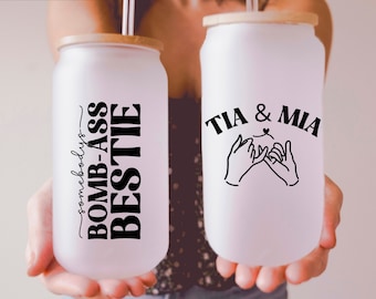 Personalized Bestie Frosted Glass Tumbler: Iced Coffee Cup with Bamboo Lid