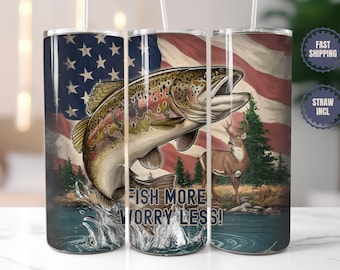 Personalized Fishing Tumbler | Stainless Steel Lake Life Drinkware with Fish More Worry Less Quote, Angler Gift for Fishermen