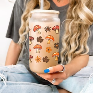 Mushroom Glass Tumbler, Fall Glass Coffee Cup, Personalized Glass Cup, Fall Glass Can, Cottage Core Mushroom Lovers Nature Gift