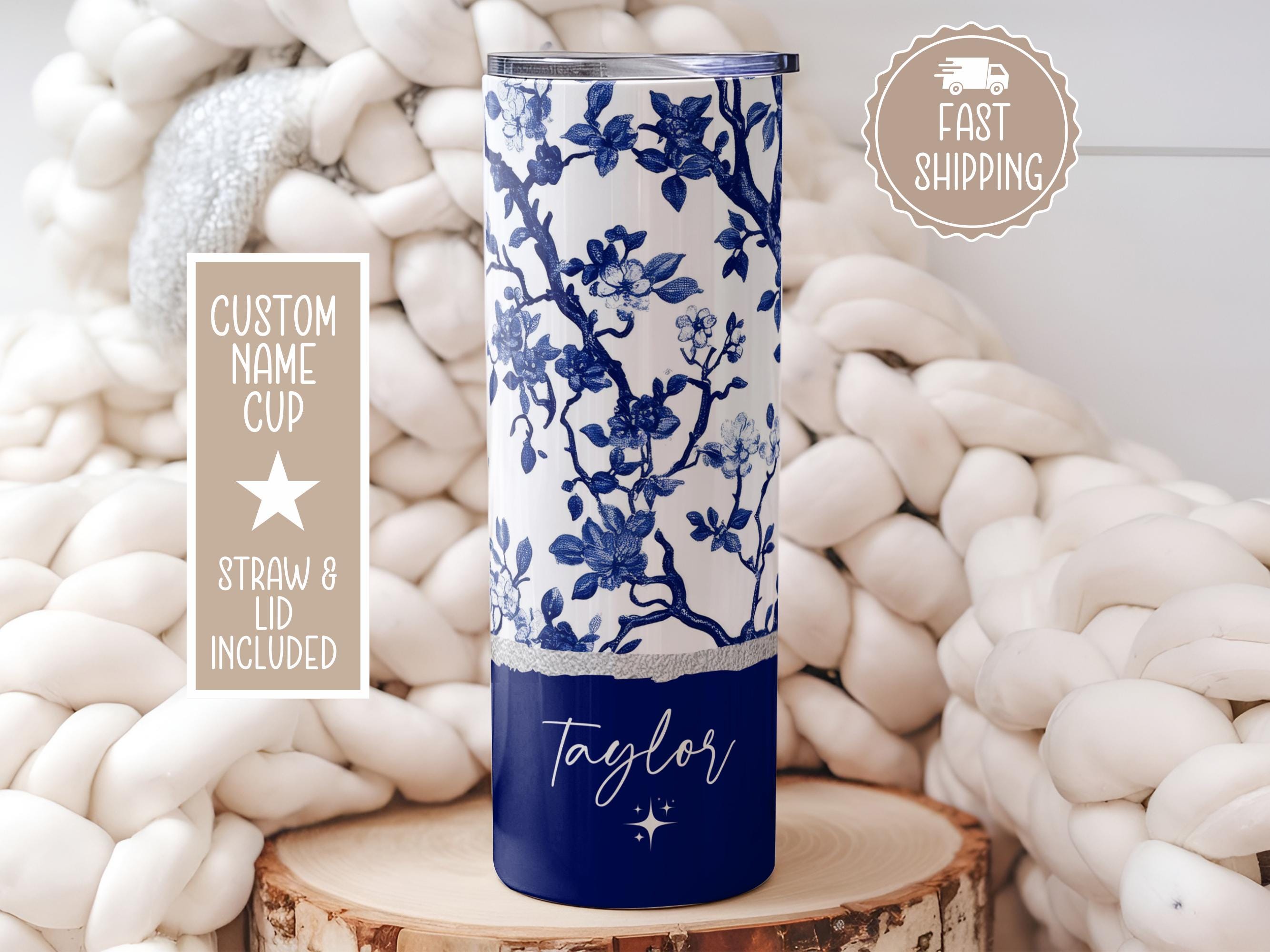 Personalized Chinoiserie Tumbler: Blue Floral Porcelain-Inspired Cup