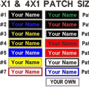 May include: A collection of embroidered patches in various colors, including black, green, blue, yellow, and red. Each patch features the text "Your Name" in a contrasting color, with the option to customize. The patches are labeled with numbers.