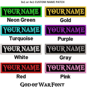May include: Custom name patches in various colors, including neon green, gold, turquoise, purple, white, gray, red, and pink. Each patch features the text "YOUR NAME" in a stylized font, with the font name "GOD OF WAR FONT" at the bottom.