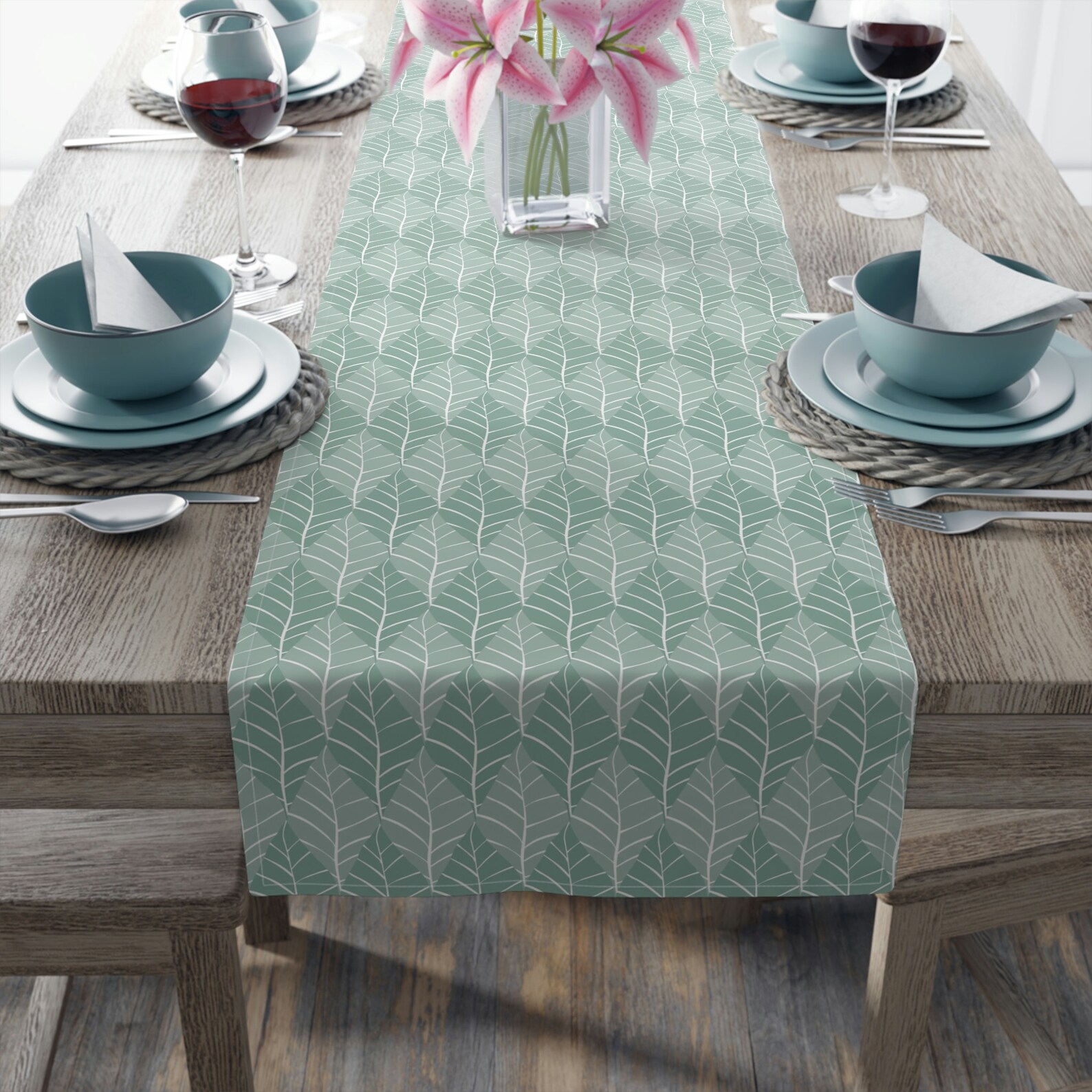 Sage Green Leaf Pattern Table Runner Dining Table Décor Etsy