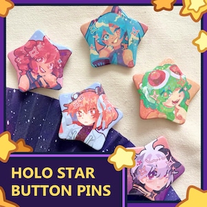 May include: Five star-shaped button pins featuring colorful anime-style character illustrations with holographic accents. The designs include characters with pink, blue, green, orange, and white hair, each surrounded by small sparkling star graphics.