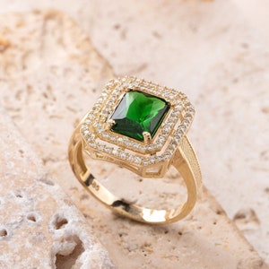 14K Solid Gold Halo Emerald Ring image 1