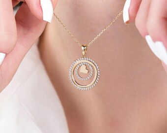 14K Solid Gold Heart in Circle with Zircon Gemstones Pendant, Minimalist Necklace, Gift For Her