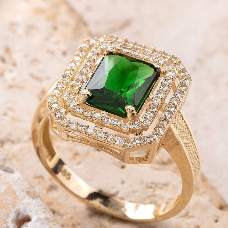 14K Solid Gold Halo Emerald Ring image 5