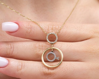 14 K Solid Gold Circle and Solitaire Figured Necklace, Minimalist Necklace, Gift For Her, Gold Necklace, Birthday Gift