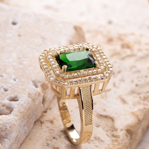 14K Solid Gold Halo Emerald Ring image 8