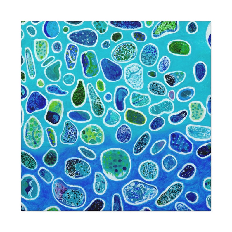 a painting of blue and green bubbles on a white background