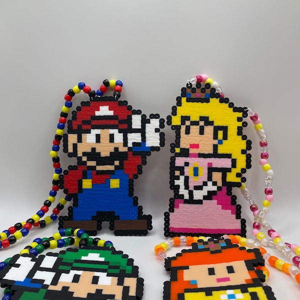 Super Mario Perlers | Mario Perler, Luigi Perler, Peach Perler, Daisy Perler | Perler Necklaces