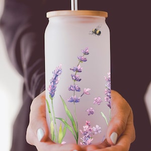 16 oz Frosted Glass Tumbler | Watercolor Lavender Bee | with Bamboo Lid and Straw