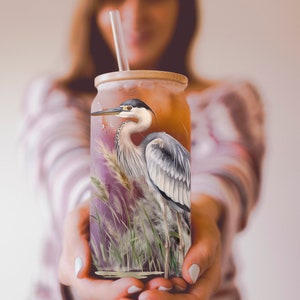 Gray Heron Iced Coffee Glass, Heron Iced Coffee Cup with Bamboo Lid and Straw, Bird Coffee Cup, Gift for Bird Lover, Coffee Aesthetic