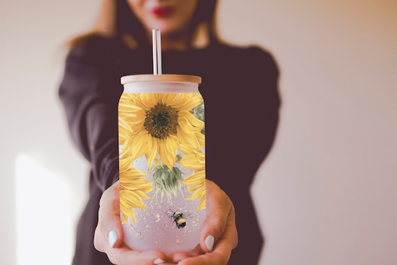 Sunflower Cup / Personalized Glass With Bamboo Lid And Straw