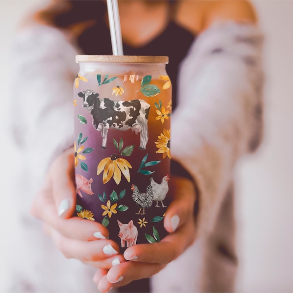 Farm Animal Glass Coffee Cup, Holstein Cow Glass Iced Coffee Cup with Lid and Straw, Iced Coffee Glass, Gift for Friend, Glass Tumbler