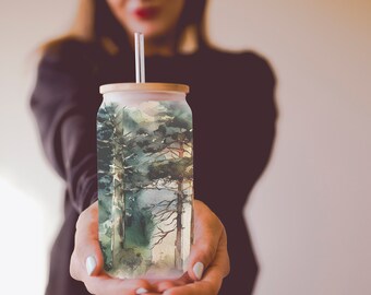 Woodland Pine Trees Glass Tumbler, Forest Landscape Iced Coffee Cup (16oz)
