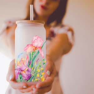 Floral Glass Coffee Cup, Iris Garden Glass Iced Coffee Cup with Bamboo Lid and Straw, Gift for Friend, Coffee Aesthetic, Gardner Gift