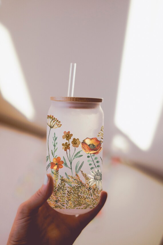 Fall Floral Glass Coffee Cup, Fall Glass Iced Coffee Cup with