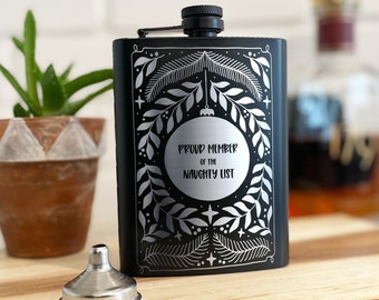 Proud Member of the Naughty List Engraved Flask, Etched 8 oz Stainless Steel Flask with Palm Tree, Beach Christmas