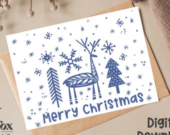 Printable Scandinavian Reindeer Holiday Card, Christmas Card, Yule Card, Hanukkah Card, 5x7 Card, Printable Envelope