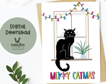 Printable Merry Catmas, Christmas Card, Funny Cat Christmas Card, Card, 5x7 Card, Printable Envelope
