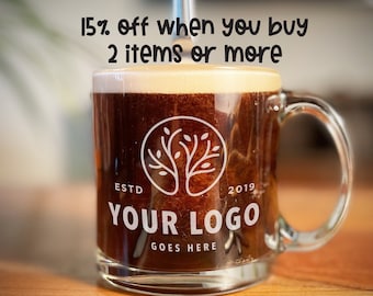 Custom Logo Engraved Glass Mug, Etched glass mug with personalized logo, custom logo mug