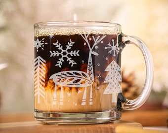 Reindeer Glass mug, Christmas Glass Mug, Winter Etched glass Mug, Glass Coffee Mug, Coffee Lover gift, Holiday Gift