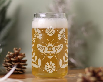 Scandinavian Bee Etched 16oz Can Glass - Floral, Bee, Spring  Drinkware, Unique Gift