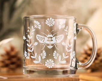 Scandinavian Bee Etched Glass Mug, Bee and Flower Mug, Folk Art Bee and Floral Glass Mug, Bunny Mug, Bee lover